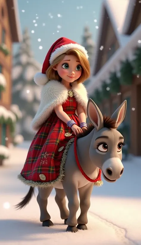 Disney Pixar style character Rapunzel drinks short hair  , cute who has a Christmas costume and is riding a little donkey and that looks full bodied 