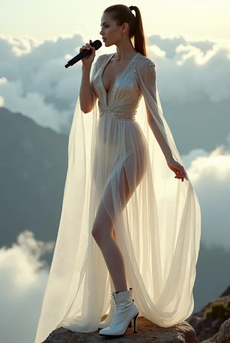 Beautiful and sexy young european female bimbo singer with brown ponytail singing as she is holding a micro and wearing: A translucent shimmering white tight dress with metallic accents, A glowing semi-transparent scarf that trails behind him like clouds. ...