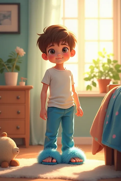 Boy of  feet wearing blue furry open toe sliders and blue pants of pajama