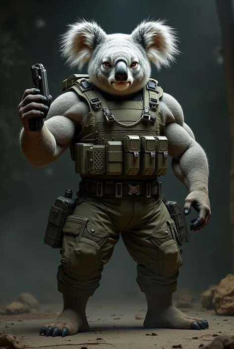 A muscular koala with a tracker in his hand lifting it up and wearing a military suit and with a gun