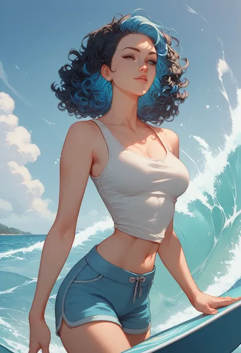 1 girl , human, sexy body, mother media, medium breasts,  thin waist , medium hair,  black hair with blue highlights,  curly hair , standing, white tank top, light BLUE shorts, alone, look até viewer, surfing