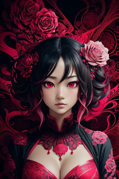 (abstract art:1.2), fractal art, psychedelic art, (style of Yuko Shimizu:1.1), red theme, dark theme, 1 asian girl, huge breasts, cleavage, roses, hair ornament, somber expression, dark blue accent, masterpiece, best quality, ultra high res, award-winning ...