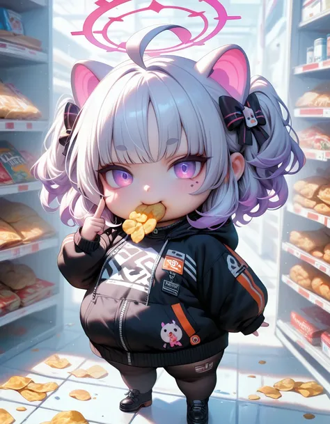 masterpiece, best quality, amazing quality, very aesthetic, absurdres, newest,, 1girl, solo, momoi (blue archive), ((fat, plump)), eating chips, (chibi), standing, expressionless, middle finger, , masterpiece, best quality, amazing quality, very aesthetic,...