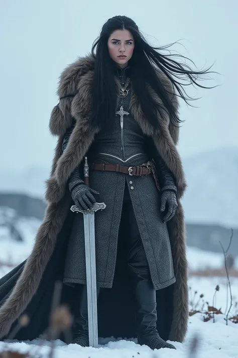 Create an image of a female version of Jon Snow from Game of Thrones. She stands in a cold, snowy landscape, wearing thick northern clothing made of animal hides and furs. Her long dark hair flows in the wind, and she holds a sword similar to Longclaw. The...