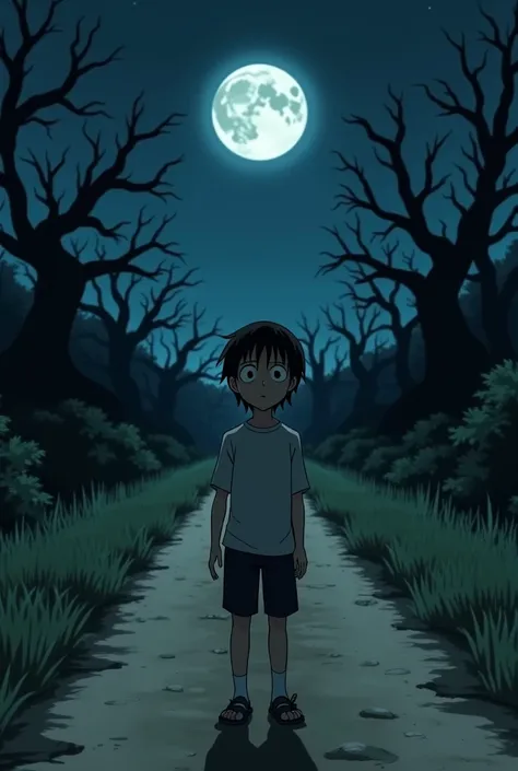 Draw in anime style the   being scared to death on a dirt road