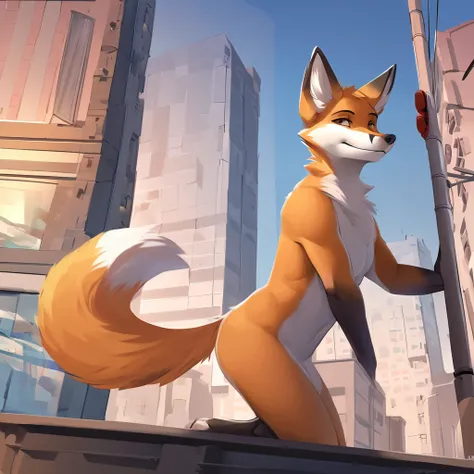 One, Male, Furry art, Furson, ((fox)), (((white main fur))), white secondary, (funny ears), cool pose, City background, amazing art, Masterfully executed, beautiful background, Normal body, paws.Stands on its hind legs, no clothes, naked, porn, nsfw, horny...