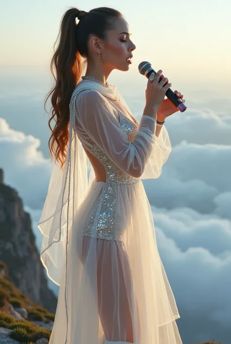 Beautiful and sexy young european female bimbo singer with brown ponytail singing as she is holding a micro and wearing: A translucent shimmering white tight dress with metallic accents, A glowing semi-transparent scarf that trails behind him like clouds. ...