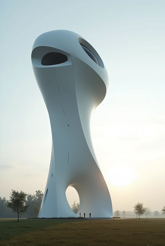 Use Zaha Hadids architectural style and create a tower for a 5,000-liter water reservoir, with a height of 6 meters, And look light on a farm, designed in minimalist style