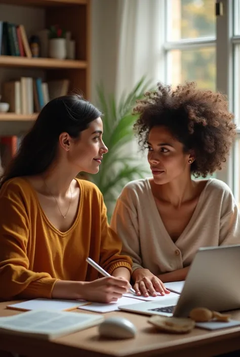 Create an image for me that represents the equivalence technique in translation it can be 2 girls, an American and a Latina, translating a text into another language