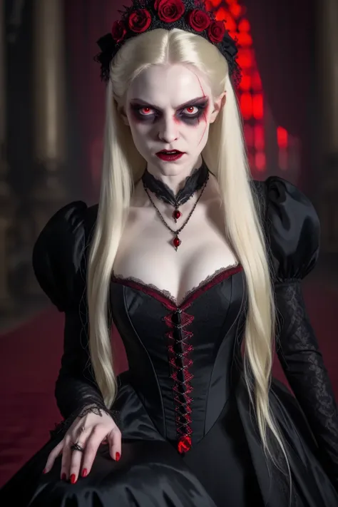 (beautiful vampire woman, pale skin, very long blonde hair, (red eyes), angry face, vampire fang, black gown, black victorian dress, piercing look, red lipstick, 4k, 8k, highres, masterpiece:1.2, ultra-detailed, realistic, photorealistic:1.37, HDR, UHD, st...