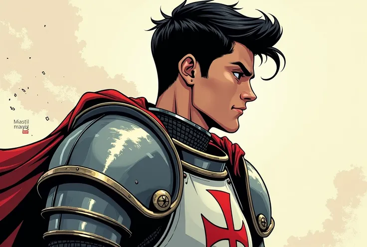 Knight with dark hair and dark eyes, calm face with the "templary armor" hq comic style profile picture, ::short hair, ::beard, hq comic style, short hair quiff, templary armor, young warrior, templar cross, strong warrior