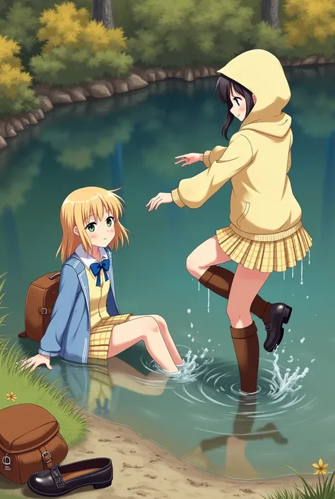 Anime 2 teenage schoolgirls in uniform playing in kneedeep water near the riverbank, autumn woods, one girl with light blonde hair, geflochtener Haarkranz, chinlong hair, green eyes, looking annoyed, white blouse with blue ribbon, pastel yellow vest, light...