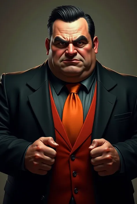 White fat male with slicked black hair wearing black suit with orange tie and red vest clinching fists with an evil expression 
