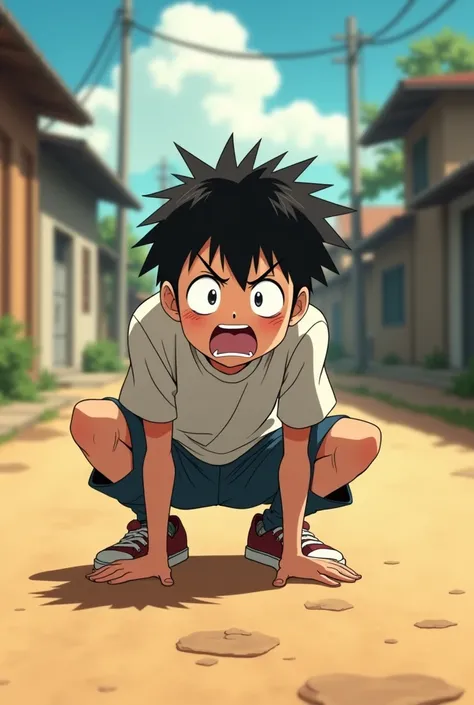 Draw in anime style the  scared to death on a dirt street during the day, As if he were hiding