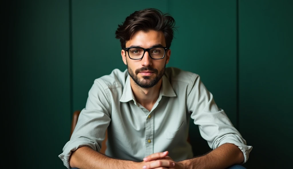 " Create a portrait of a young man sitting on a chair ,   with glasses looking confidently at the camera with his hands folded in the front . He has bass,  lightly disheveled dark hair and a trimmed beard .  the lighting is soft ,  casting a light shadow b...