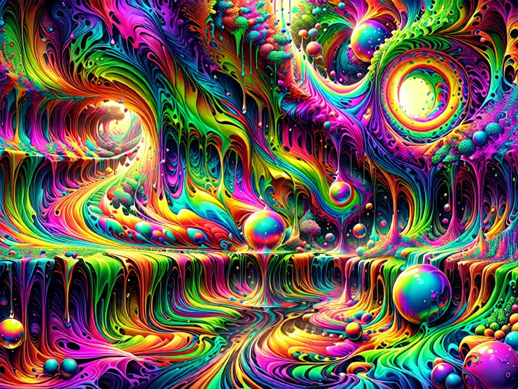 A psychedelic dream, vibrant colors shimmering, glass morphing from colors, intricate rainbow patterns, perfectly formed symmetrical spheres and glowing reflective bubbles, attention to detail on the bubbles and spheres, rainbows of color twisted in and ou...