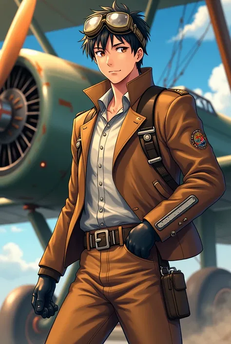 Create anime-style image of a full-body vintage airplane pilot showing legs.