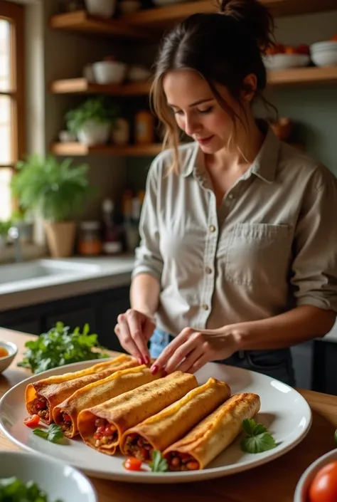 Image of a lady cooking tacos at home 
But of the tacos flutines that are rolled