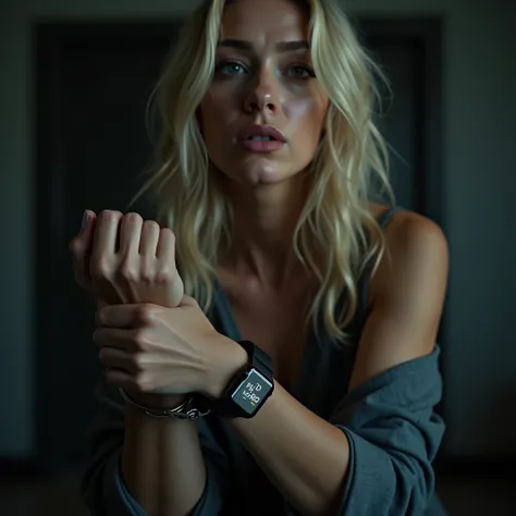 woman, blond,  oversized black outdoor smartwatch on the wrist, Hands in cuffs  