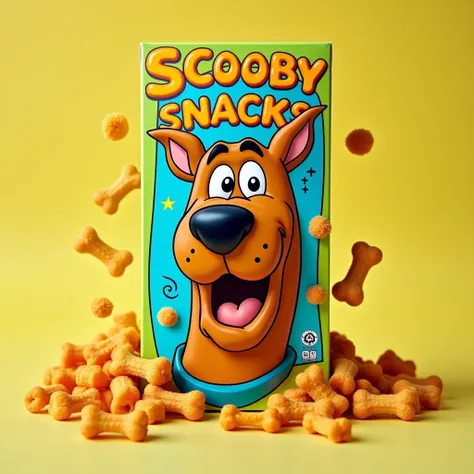 Create an image of a box of Scooby Snacks, the iconic dog treats from the Scooby-Doo universe. The box is colorful, with a playful and cartoonish design. It features Scooby-Doo’s face on the front, looking excited and eager. The box is bright and vibrant, ...