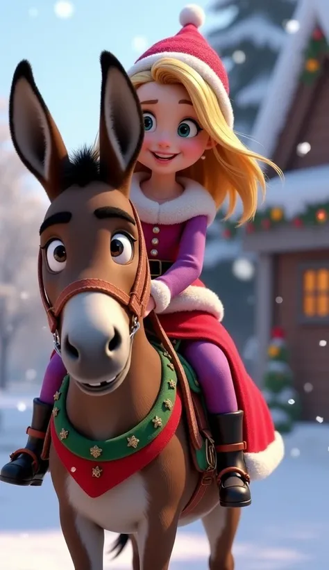 
Disney Pixar style character Rapunzel drinks short hair in a Christmas costume and that she is riding a donkey that looks full bodied