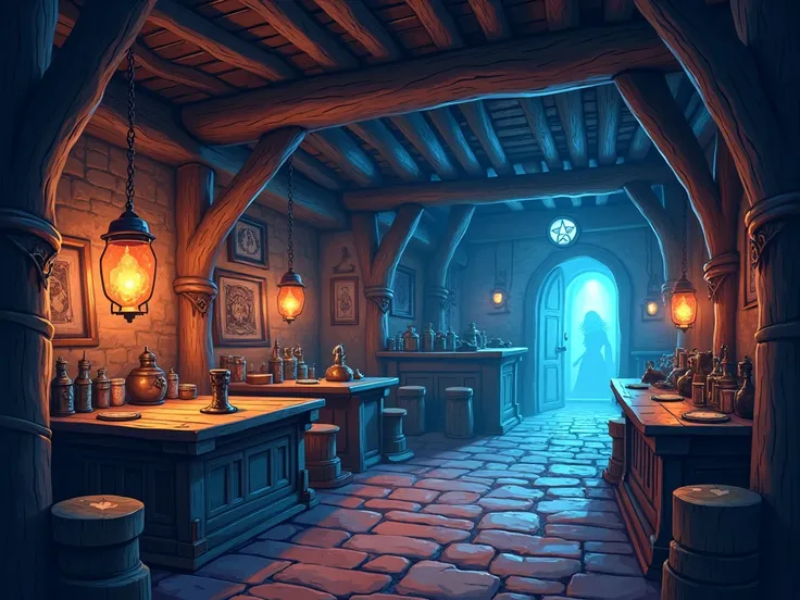 background without people inside a magical tavern in cartoon style dark fantasy