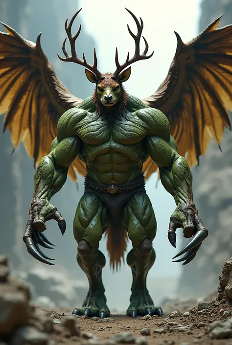 Fusion between Deer and Hulk with Eagle Wings and Tails and Scorpion Clips