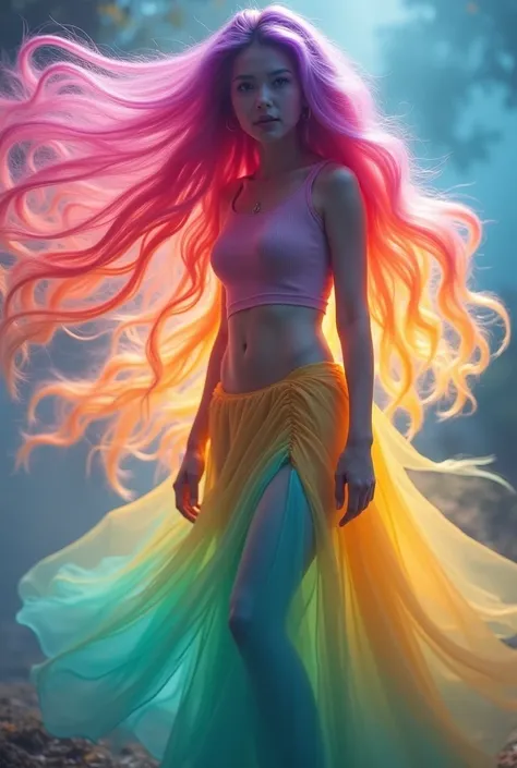 A fantasy-inspired image of a model with long, flowing hair in a vibrant colorful gradient, ranging from vivid pinks, purples, multicolored hair, colored inner hair, and blues to greens and yellows, The hair appears to be weightless, floating and swirling ...