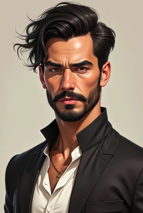 Man with black hair , black short beard and mustache, hes wearing a white, black and brown blouse. The man is 28 years old