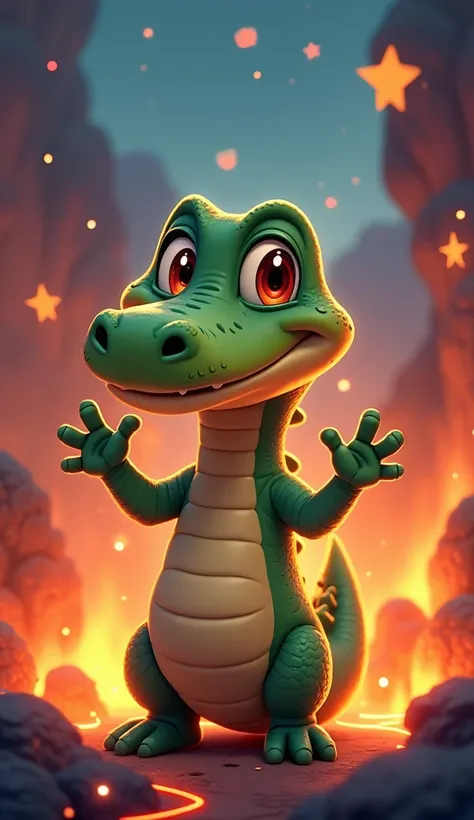 cute tiny crocodile, cartoon, arms, hands ,cute eyes, looking at viewer, arms up, close, heat, straight, detailed, reflex, 4k, standing, detailed eyes, glowing eyes, bright, colorful, glowing stars on background, fire on background, lava