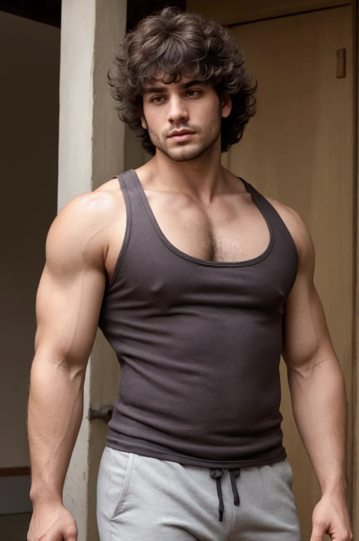 Man with big hair and bangs wearing a tank top and a hairy chest