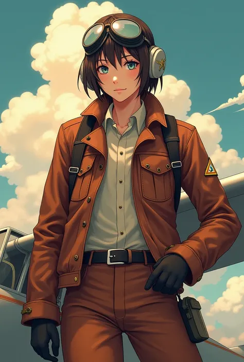 Create anime-style image of a full-body vintage airplane pilot showing legs and feet.