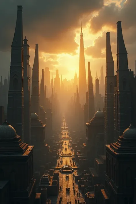  two cities,  two kingdoms
“An ancient city with tall towers and Babylonian architecture,  surrounded by shadows and storms ,  contrasting with a modern city in the distance ,  filled with golden light shining through dark clouds .  The scene must show a c...