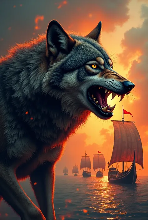 Create tattoo of a wolf with Viking boats on fire in the background 

