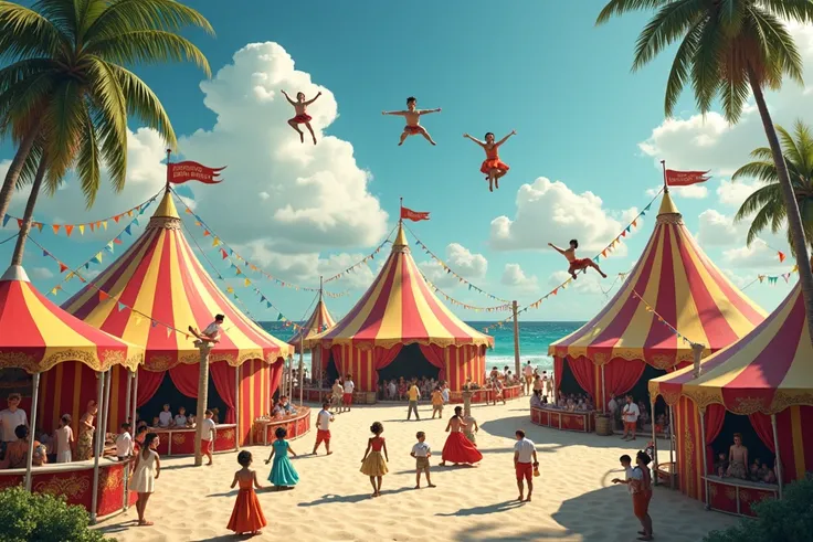 Give me a realistic image of what a classic circus would look like on the beach in the sea