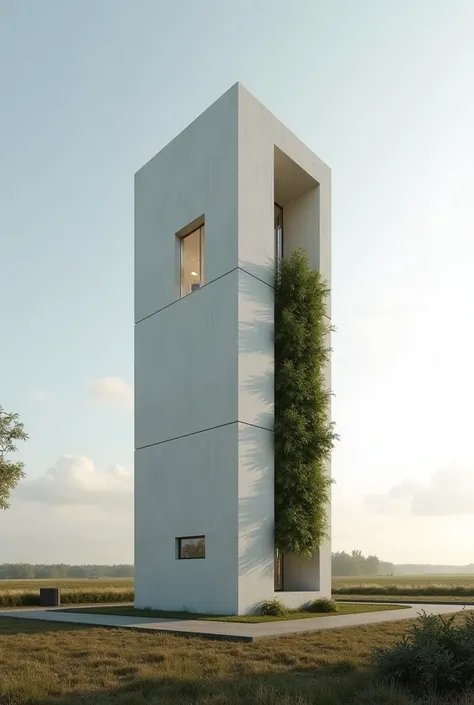  It uses the architectural style of Mathias Klotz and creates a tower for a 5 thousand liter water reservoir, with a height of 6 meters,  on a farm, in a minimalist style and with the application of a vertical garden on one of the walls 