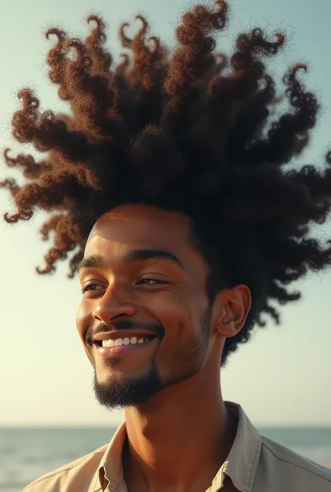 A quiet man , high,  curly hair, happy