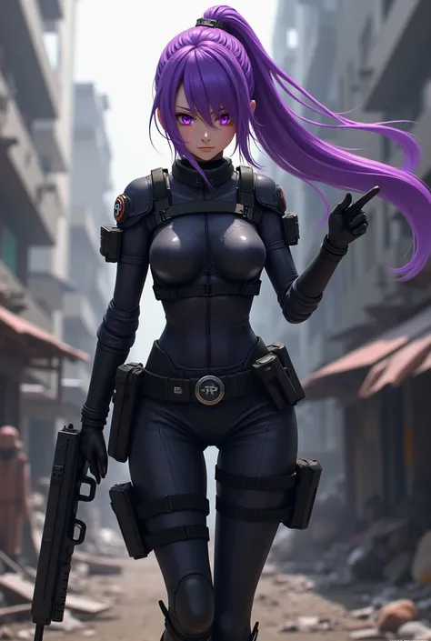 Yuri from ddlc as modern soldier purple hair
