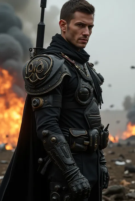 a breathtaking 8k sci-fi wallpaper, a man, 20 yo, clean face, wear black Overlord soldier outfit, ornate and maskulin designed decorated with hi-tech and futuristic instrument, his face looking back to camera with arrogant expression. battlefield scene in ...