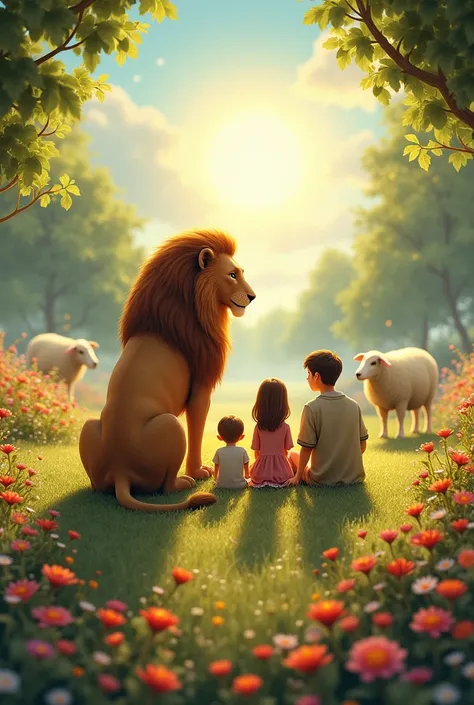 A family being an adult woman 30 years old with medium hair  ,a 38-year-old adult man and two ren sitting one on each side in a flowery garden together with a lion facing the Sun, And some sheep all around the image with their backs 
Add a 34-year-old man ...