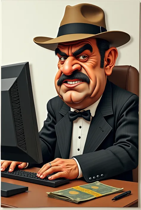 Draw a character that looks like don vito corleone and make it look like a cardboard cartoon character while making crypto tray on the computer