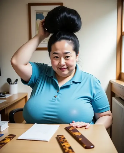 8k,Highest quality, masterpiece, Ultra-high resolution,(masterpiece:1.6, Highest quality), Intricate details, 1 female, Middle-aged woman in her 50s, japanese, full body, Arm up, top of head,((jet Black Hair)) ,((An gigantic hair bun, A huge hair bun:1.５))...