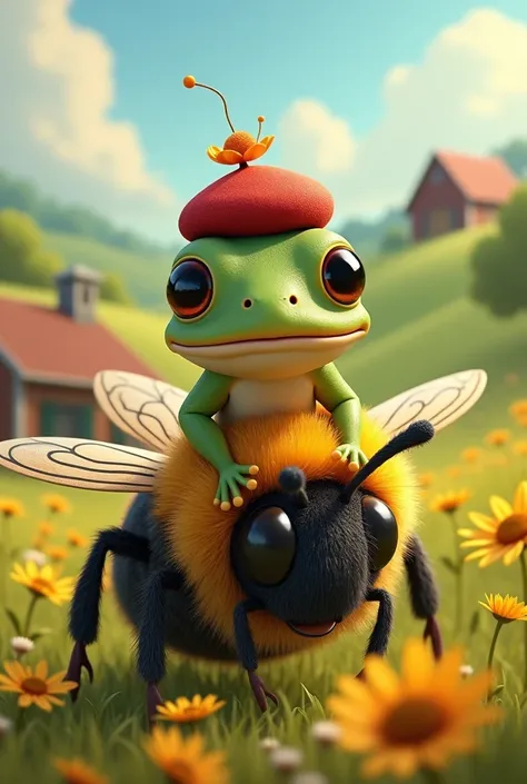  a cute vector of a cute frog with a small size  ( the frog has a  (mini red beret)  the frog is standing with its mouth open ,  Climb on a giant bee , la  illustration gruesa, Type , perfectly enlarged , very detailed, very detailed, very detailed,  soft ...