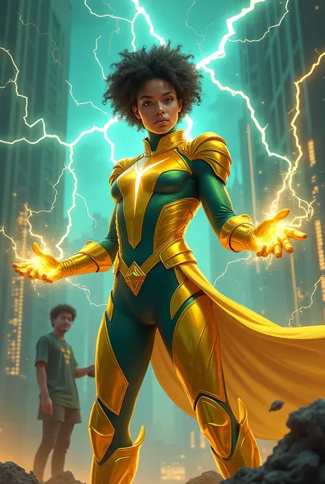  a superhero fighting in a gold-colored suit with green and blue.  with a golden layer of wisdom , seeds that create companies , with lightning .  worker helping people to get a job ( that has short curly hair ,  that is a man, grey eyes
)