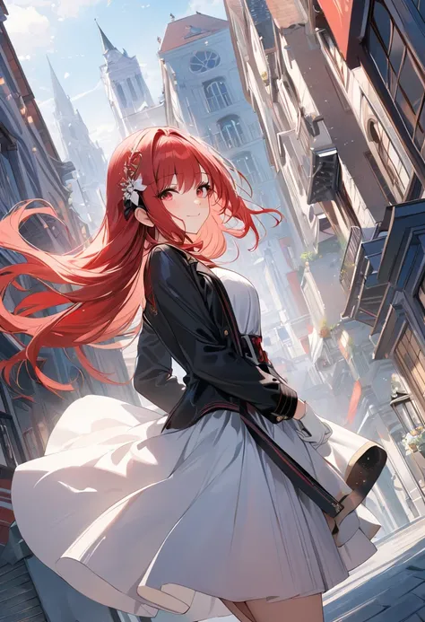 ((masterpiece, best quality)),8k wallpaper, 1 girl, Long Hair, Red Hair, Alone,  dress, red eyes,  is watching viewers,  Long Sleeve ,  standing ,  Building, white  dress, Gloves, Hair accessories,  black jacket , smile, Floating Hair,  Dutch angle,  close...