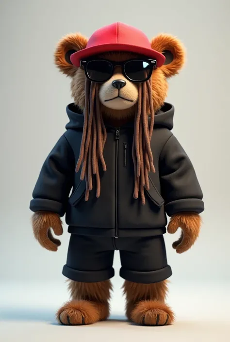 The photo of a male teddy bear drawn in digital 3d, with dark glasses,  knee-length dreadlocks , wearing a red hat and black sueta 