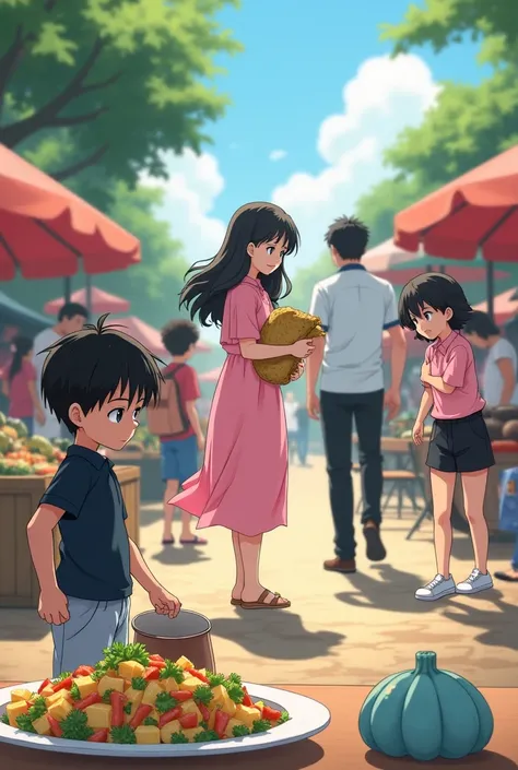 A black-haired boy wearing a black shirt and a light blue polo looks at a ceviche , With a lady in a pink dress with wavy hair and a black-haired girl in black shorts and a pink polo shirt she looks at a blanket
 And a man in black pants and white polo arr...