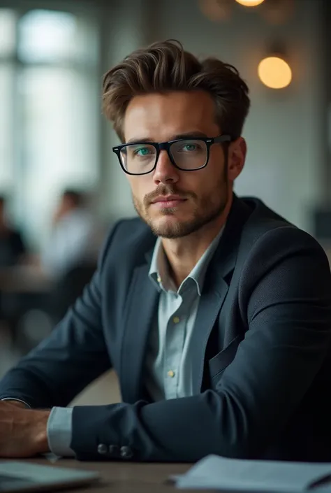 (photorealism:1.2),  Handsome young man , métissé , with glasses, sitting alone in an office background looking at the camera 
