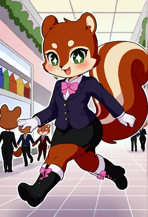 girl, squirrel, furry, bodyfur, blazer, bottomless, color tights, white gloves, boots, chibi, sparkling eyes, sissy, blush, shopping mall, running