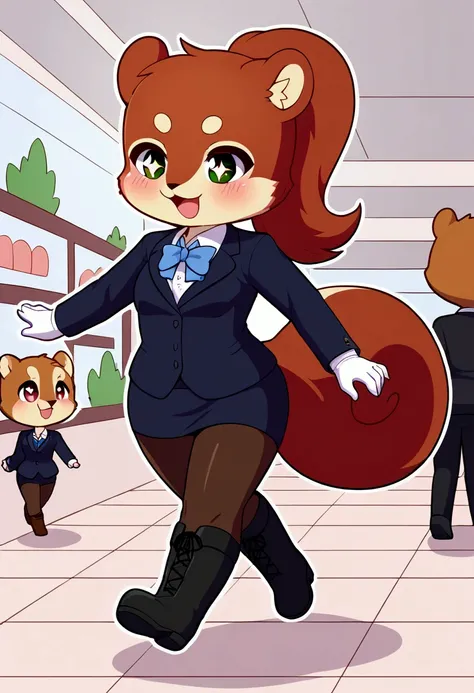 girl, squirrel, furry, bodyfur, blazer, bottomless, color tights, white gloves, boots, chibi, sparkling eyes, sissy, blush, shopping mall, running